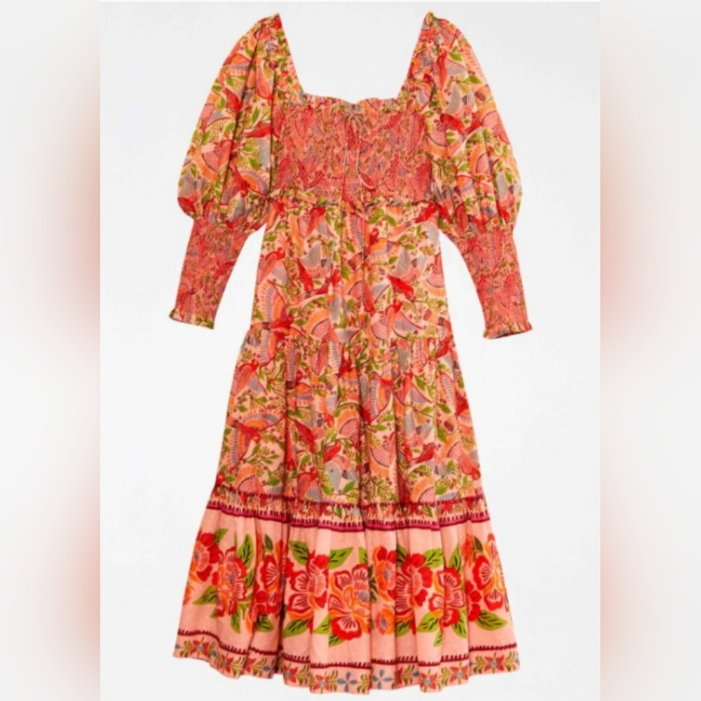 Farm Río Anthropologie Maxi Dress Macaw Flight Smocked Top Pink Midium - Picture 6 of 16